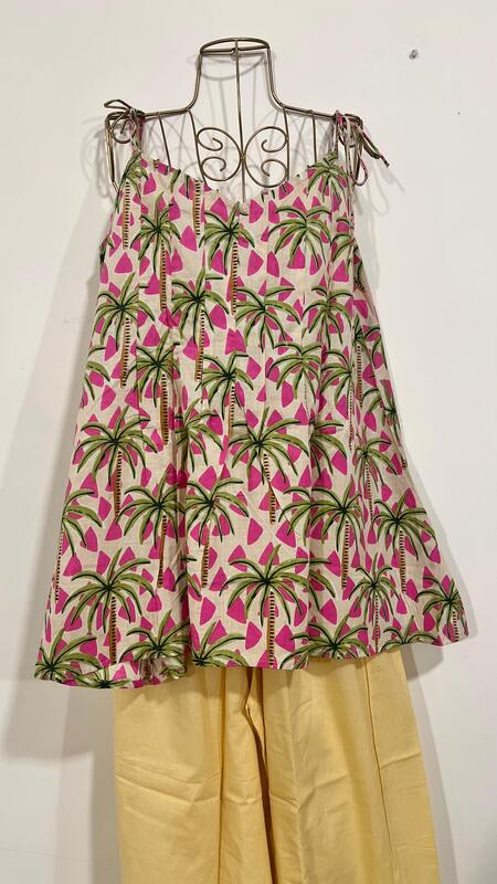 Rekha's Pin-Tuck Top + wide Culotte Pants Set - Cream & Palm