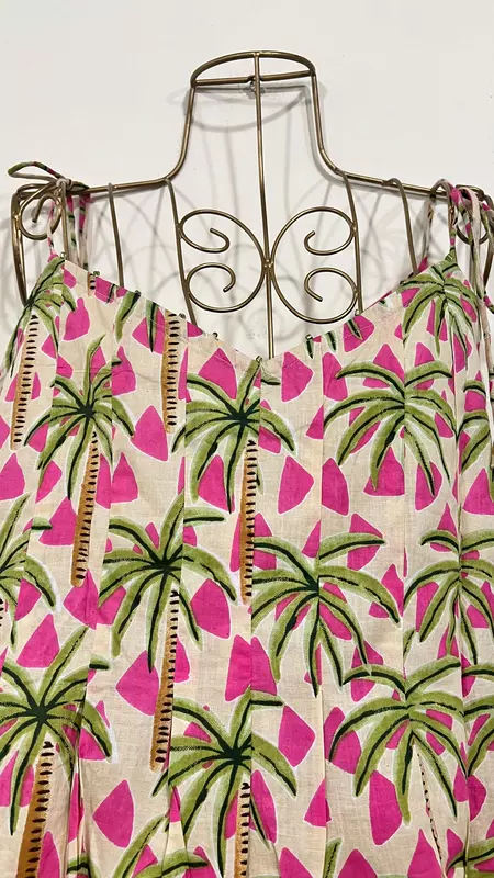 Rekha's Pin-Tuck Top + wide Culotte Pants Set - Cream & Palm