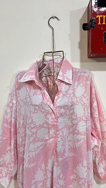 Waheeda's Collared top + Pant Set - Pink & white Flowers