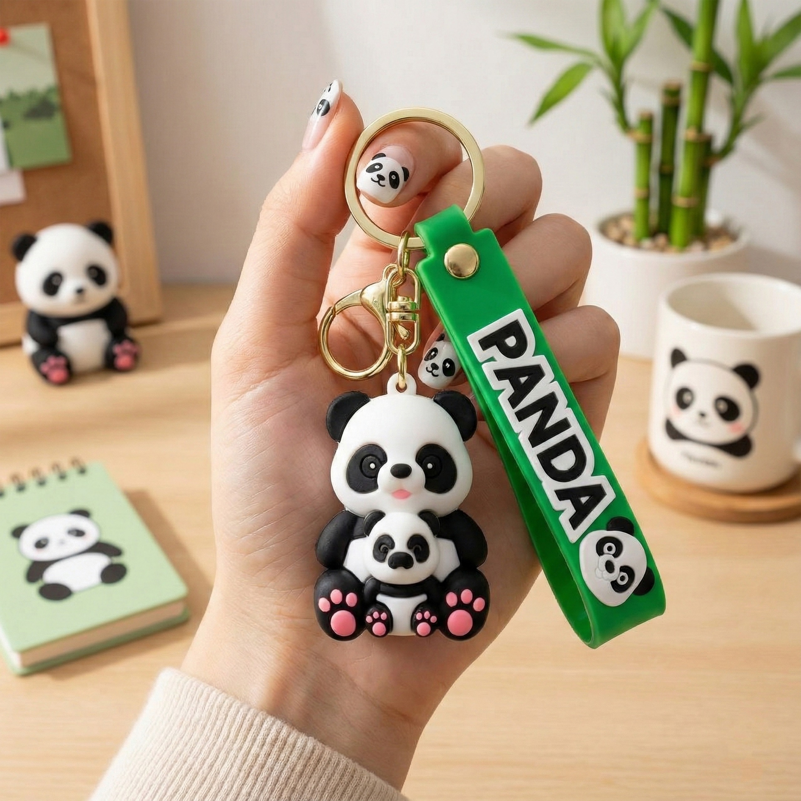 Silicone Panda Keychain with a green strap