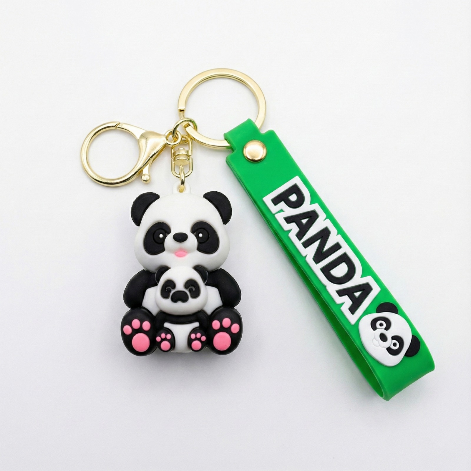 Silicone Panda Keychain with a green strap