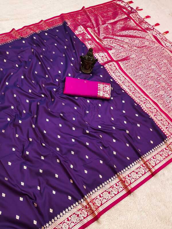 Purple colour banarasi sarees with red blouse