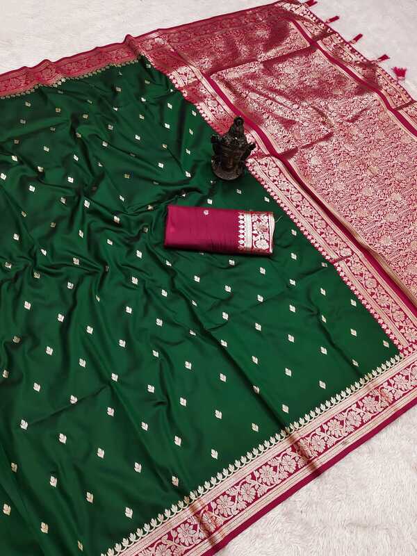 Bottle green banarasi sarees with red blouse