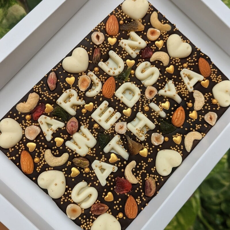 Name Customized Wedding Slab With Hearts - Dark Chocobar