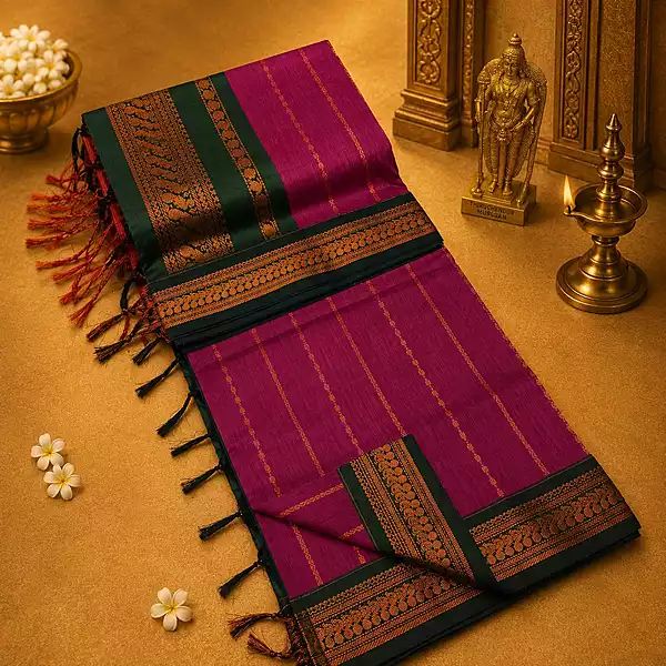 Magenta Gadwal cotton silk saree with full body thread work and rich green pallu