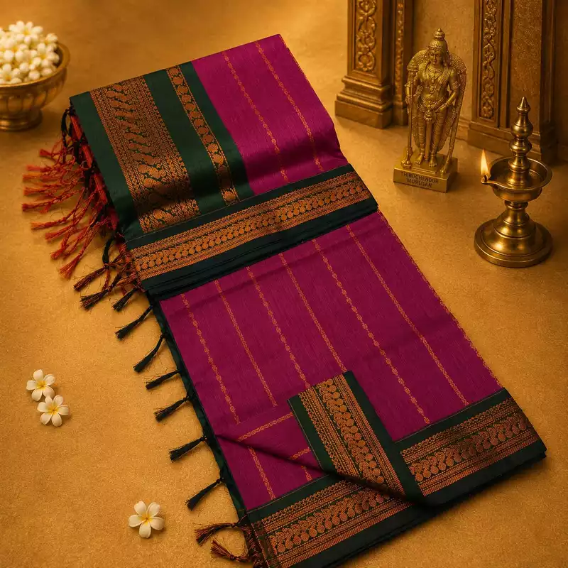 Magenta Gadwal cotton silk saree with full body thread work and rich green pallu