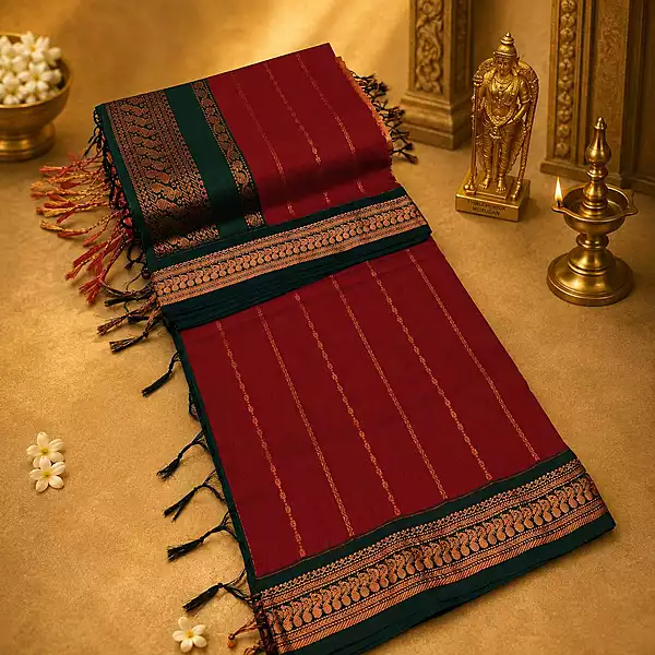 Maroon Gadwal cotton silk saree with full body thread work and green pallu