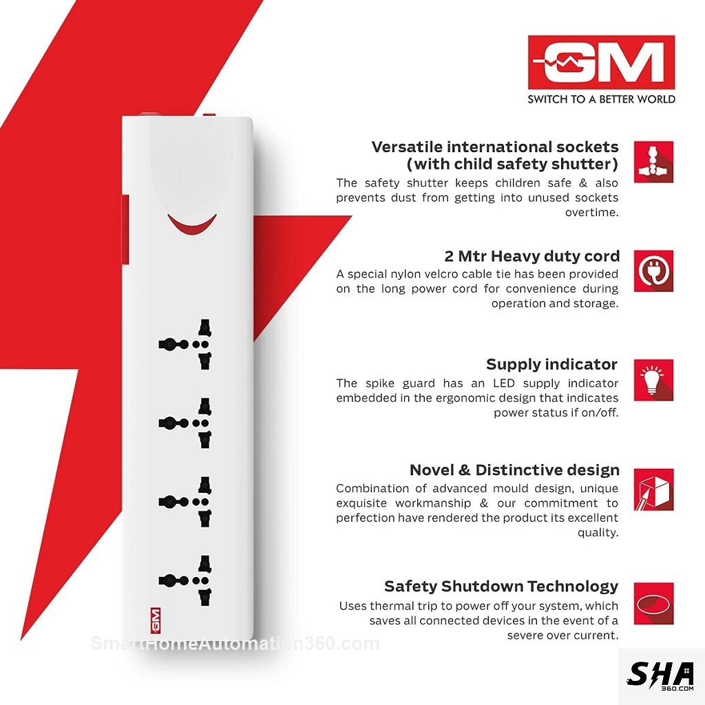 E-Book 4 + 1 Power Strip with Master, Switch Indicator, Safety Shutter & 4 International Sockets - GM Modular GM 3060 - Sha360