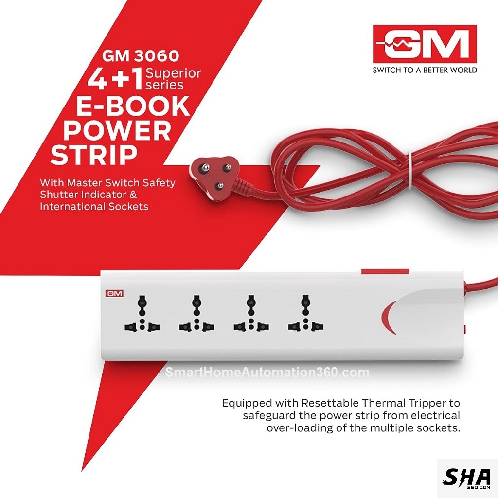 E-Book 4 + 1 Power Strip with Master, Switch Indicator, Safety Shutter & 4 International Sockets - GM Modular GM 3060 - Sha360