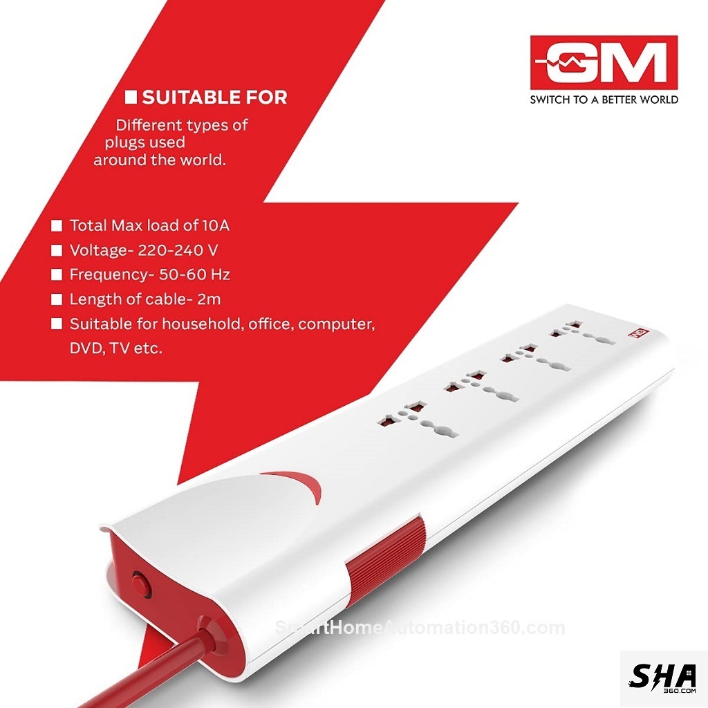 E-Book 4 + 1 Power Strip with Master, Switch Indicator, Safety Shutter & 4 International Sockets - GM Modular GM 3060 - Sha360