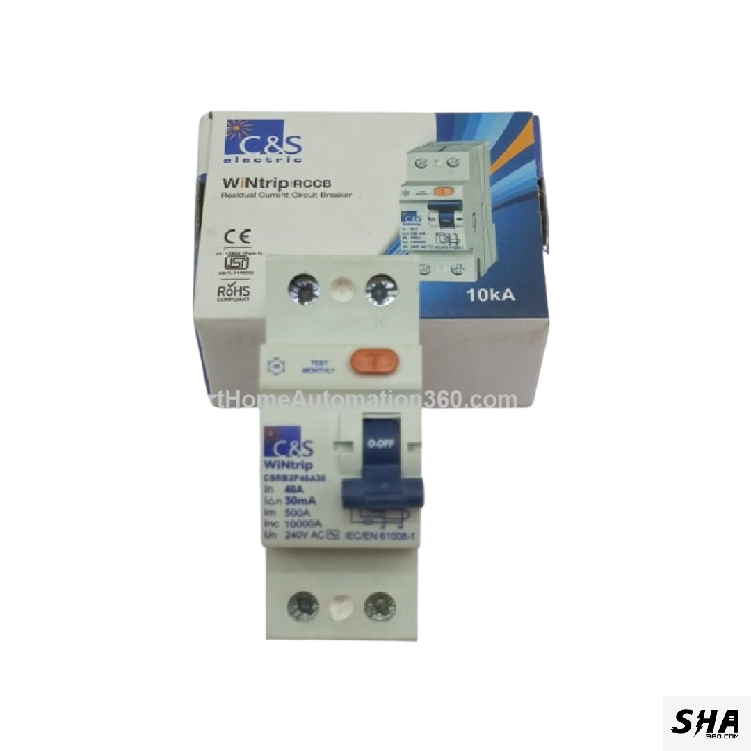 C&S Electric RCCB 40A 30mA Double Pole (2-Pole) 10kA (CSRB2940A30) - Sha360