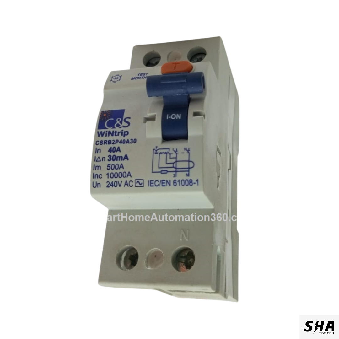 C&S Electric RCCB 40A 30mA Double Pole (2-Pole) 10kA (CSRB2940A30) - Sha360
