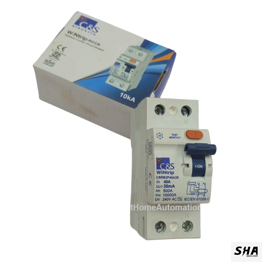 C&S Electric RCCB 40A 30mA Double Pole (2-Pole) 10kA (CSRB2940A30) - Sha360