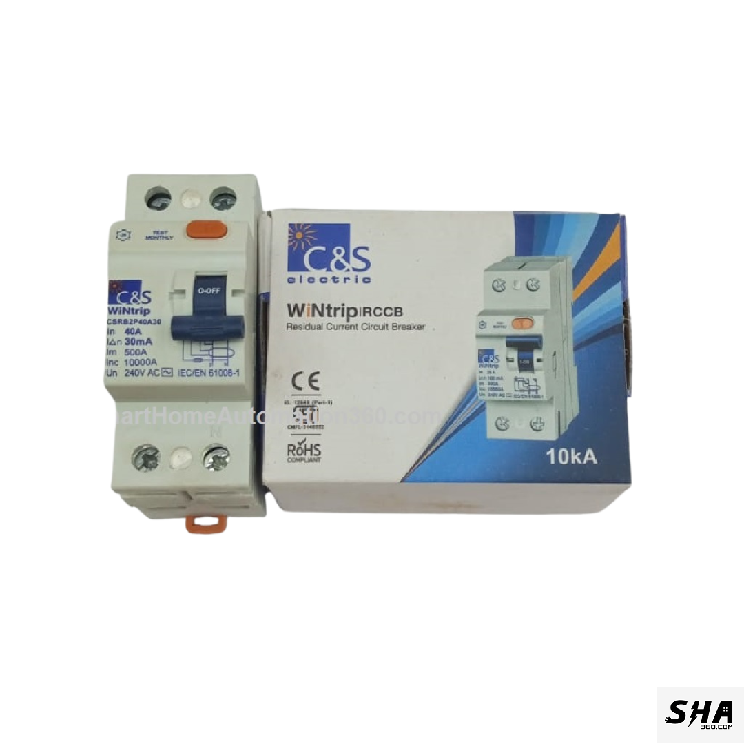 C&S Electric RCCB 40A 30mA Double Pole (2-Pole) 10kA (CSRB2940A30) - Sha360