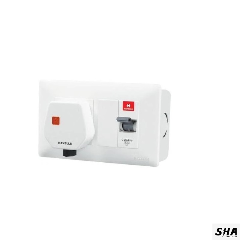 Havells DBOXx MCB Protected Socket 20A, Metal base, PVC plate (White) - upto 2.0ton AC, Geyser, etc., - Sha360
