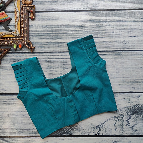 Sleeveless Pleated RN Teal Readymade Blouse