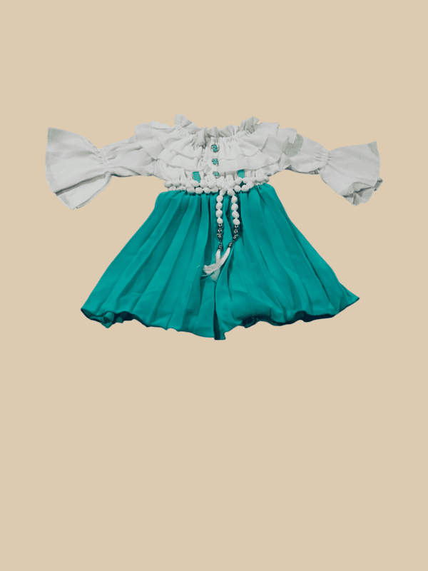 Stylish Off-Shoulder Party Wear Dress for Baby Girls ā White & Aqua Green D.18.777 B.1302