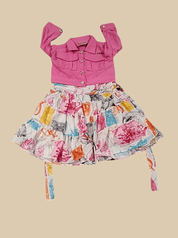 Girls' Trendy Pink Shirt & Multicolor Skirt Co-Ord Set D.3.1308 B.1505