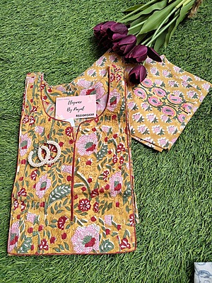 Hand Block print Kurta With Bottom in Mustard Yellow