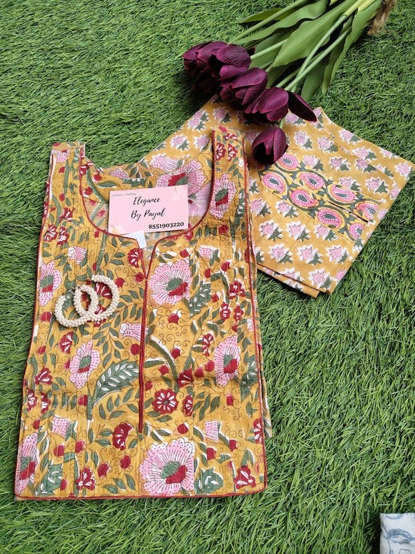 Hand Block print Kurta With Bottom in Mustard Yellow