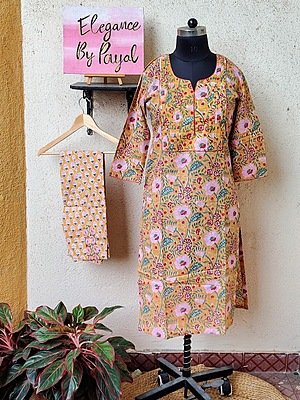 Hand Block print Kurta With Bottom in Mustard Yellow