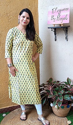 Yellow Block Print Cotton Kurta