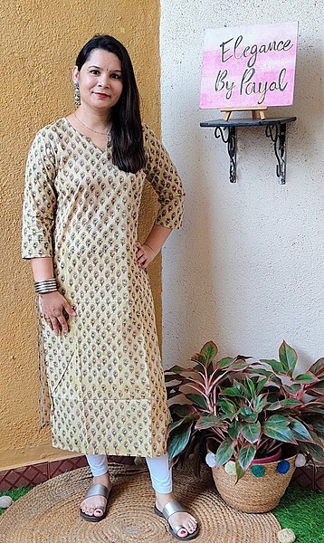 Beige Block Print Cotton Kurta