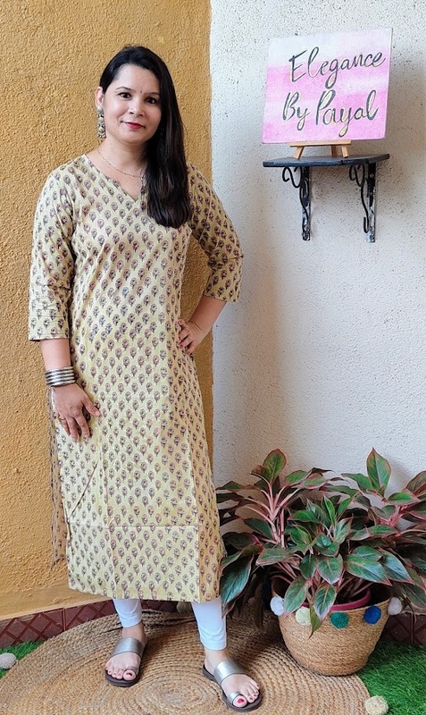 Beige Block Print Cotton Kurta