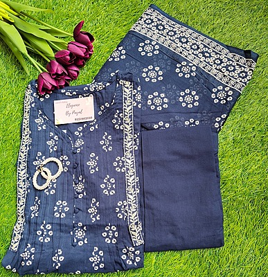 Navy Blue Bandhani Cotton Suit Set