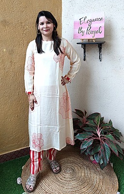Off White Red Hand Embroidered Kurta With Bottom In Silk