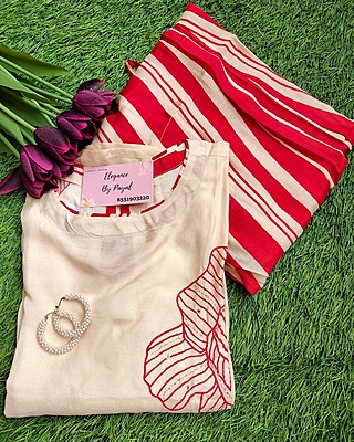 Off White Red Hand Embroidered Kurta With Bottom In Silk