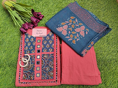 Pink Cotton Three Piece Suit Set With Mirror