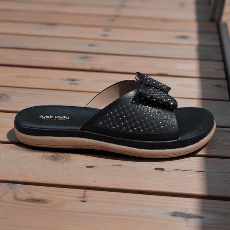 Black Stylish Ladies Slippers with Bow Design | Comfortable Daily Wear