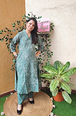 Sage Green Mirror Work Muslin Silk Kurta With Bottom