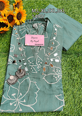 Sage Green Mirror Work Muslin Silk Kurta With Bottom