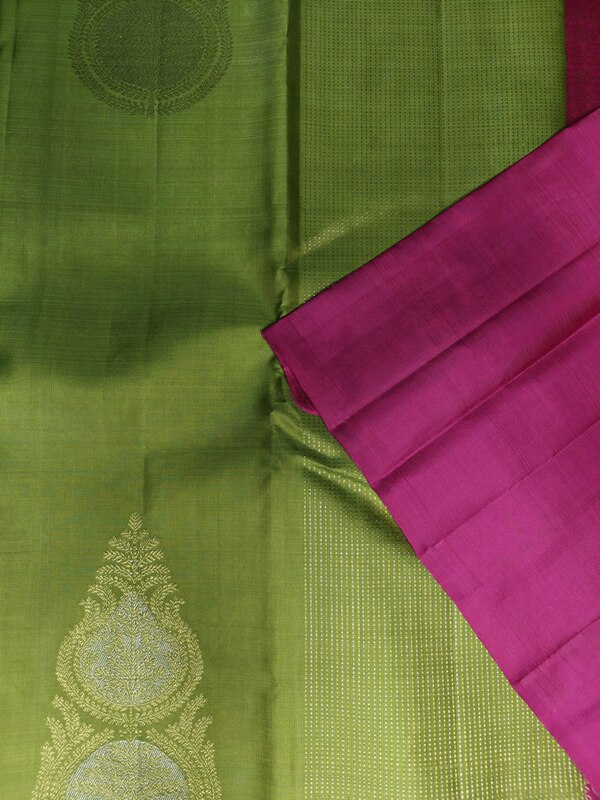 Pure Silk Parrot Green Borderless Saree with Rich Gold Zari Buttas