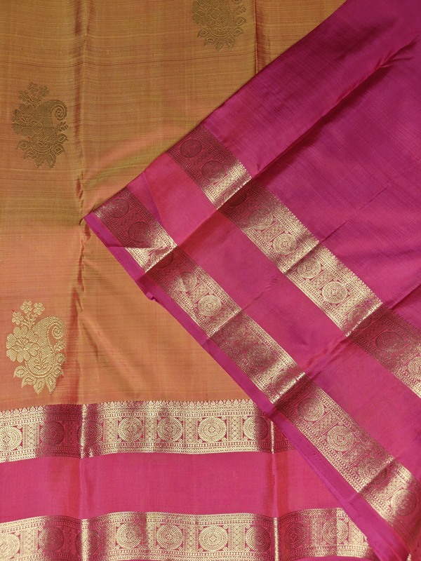Pure Silk Peach-Orange Dual Tone Saree with Pink Gold Zari Rettapet Border