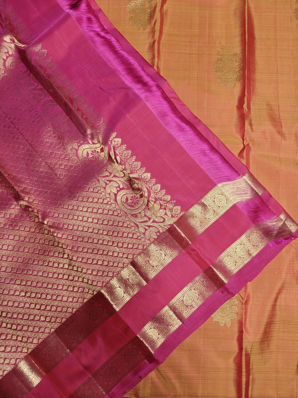 Pure Silk Peach-Orange Dual Tone Saree with Pink Gold Zari Rettapet Border
