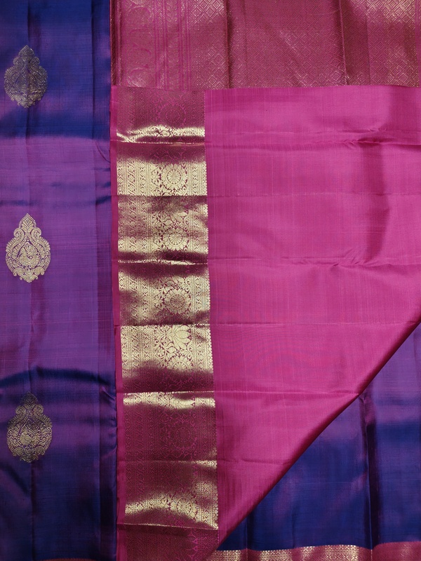 Pure Silk Purple Pink Dual Tone Saree with Gold Zari Buttas and Contrast Pink Zari Border