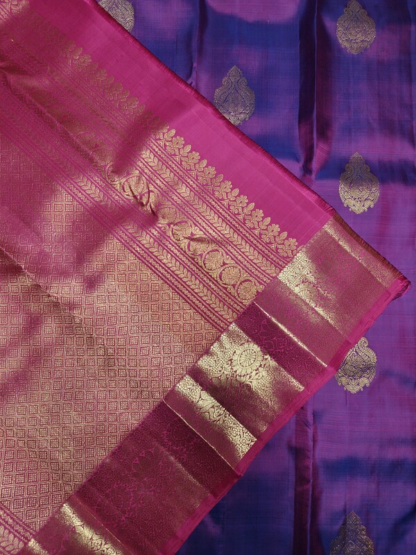 Pure Silk Purple Pink Dual Tone Saree with Gold Zari Buttas and Contrast Pink Zari Border