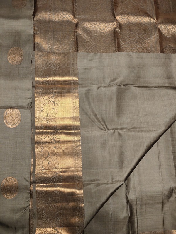 Pure Silk Silver Grey Saree with Copper Gold Zari Border