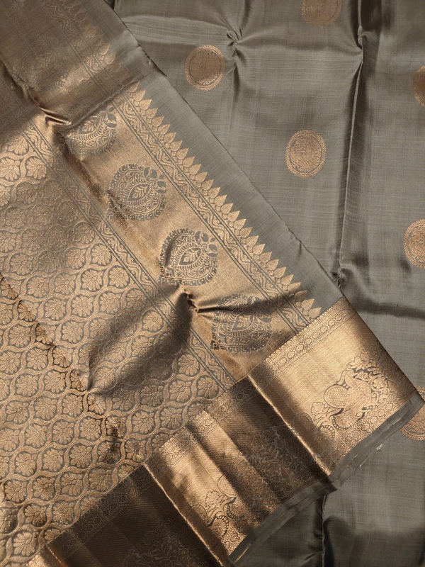Pure Silk Silver Grey Saree with Copper Gold Zari Border