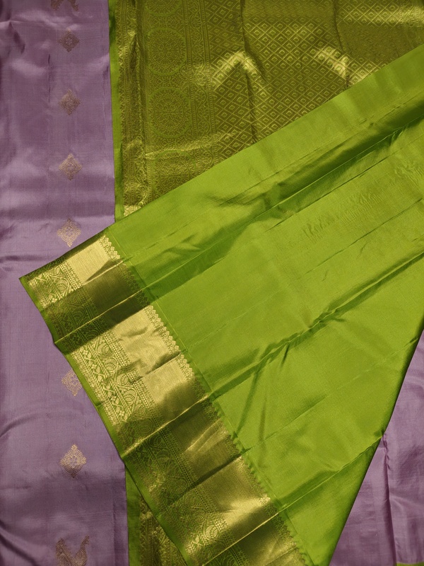 Pure Silk Lavender Saree with Parrot Green Gold Zari Border