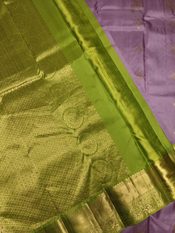 Pure Silk Lavender Saree with Parrot Green Gold Zari Border