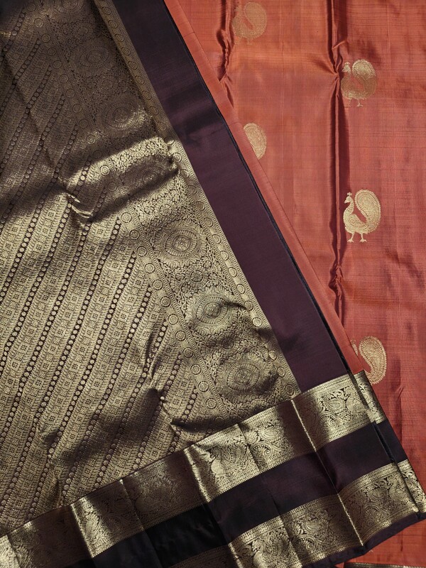Pure Silk Rust Orange Saree with Peacock Zari Motifs and Dark Maroon Rettapet Zari Border