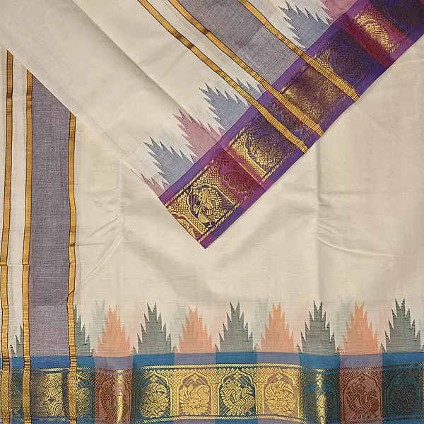 Pure Cotton Panchakacham Off White Dhoti with Retta Pet Multicolour Border