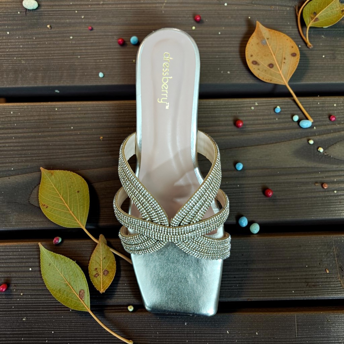 Golden Crystal Strap Block Heel Slides