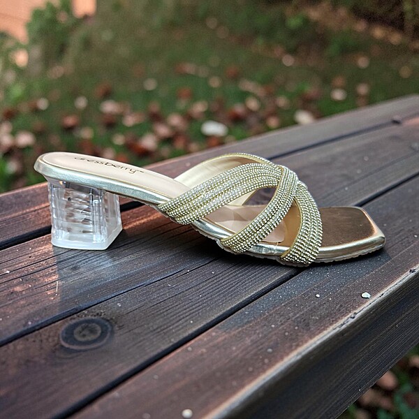 Golden Crystal Strap Block Heel Slides