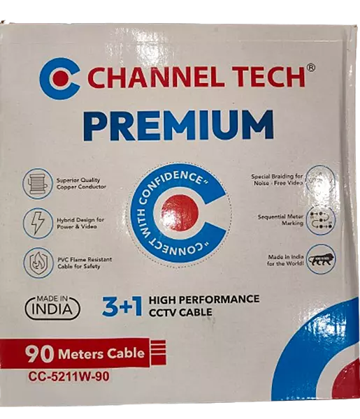 CHANNEL TECH CCTV CABLE 3+1 PREMIUM COPPER PVC JACKET INDOOR WHITE CLR 90MTRS CC-5211W-90