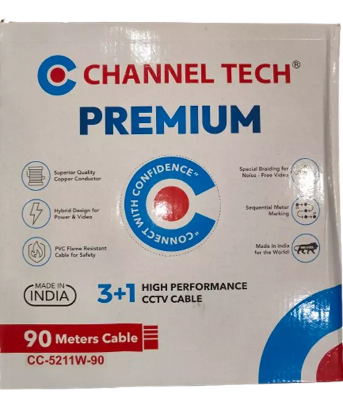 CHANNEL TECH CCTV CABLE 3+1 PREMIUM COPPER PVC JACKET INDOOR WHITE CLR 90MTRS CC-5211W-90